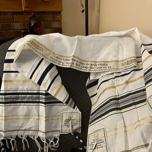 White and Blue Prayer Shawl with Gold Accents